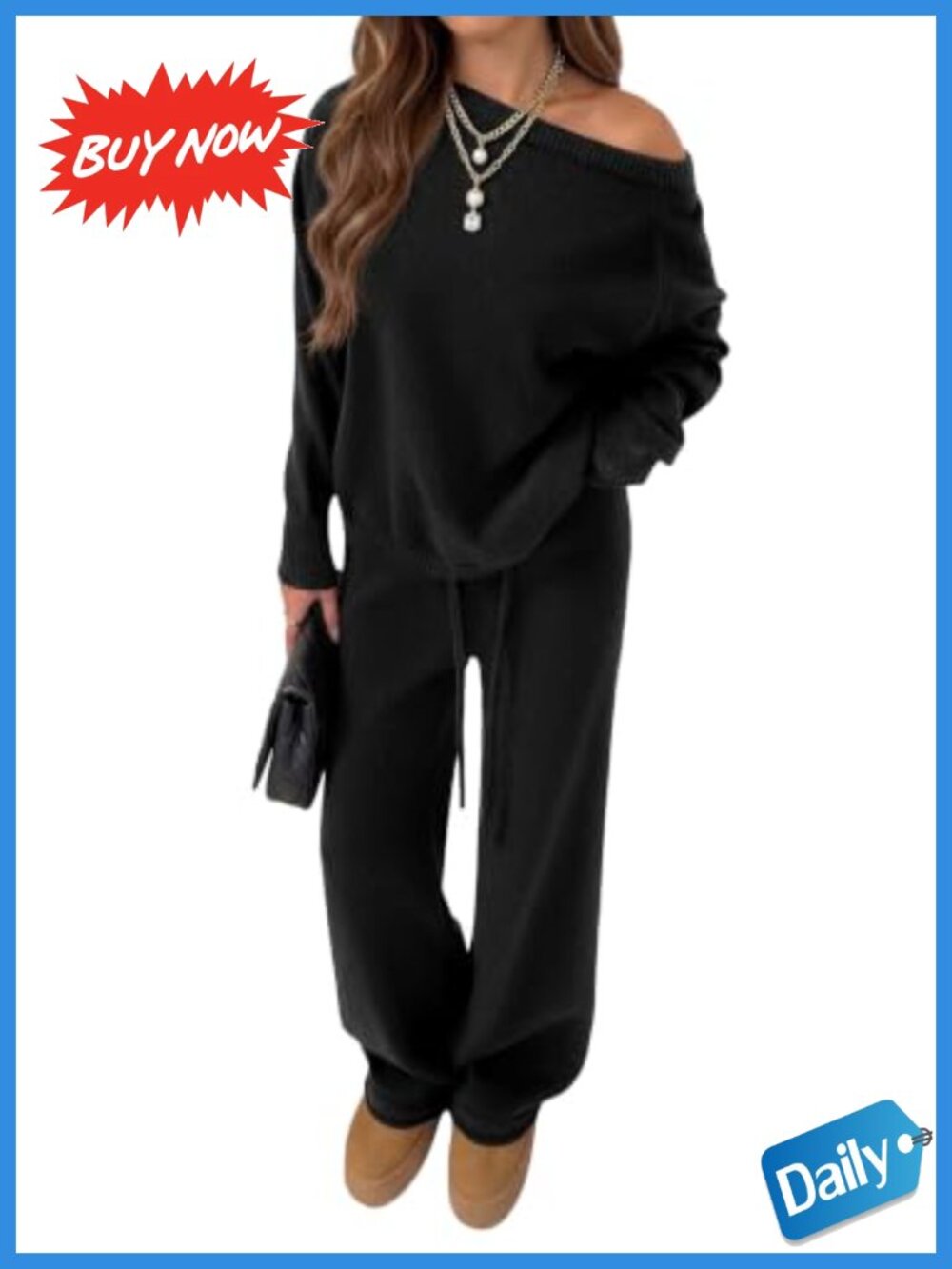 Womens Two Piece Lounge Set Oversized Sweater Wide Leg Pants Travel Outfit